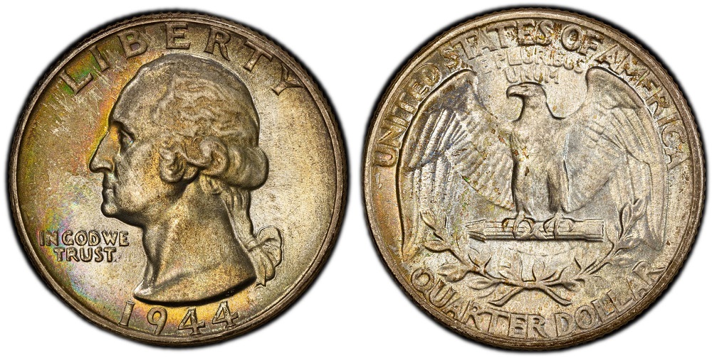 1944 Washington Quarter grading strip showing four condition tiers from worn to gem mint state