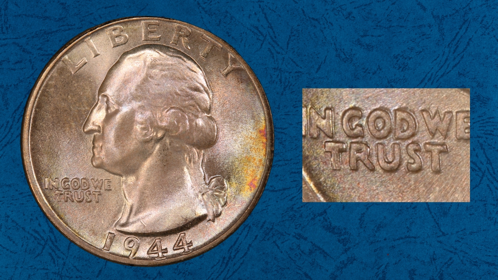 1944-S DDO FS-101 doubled die obverse close-up showing secondary impression on IN GOD WE TRUST and LIBERTY