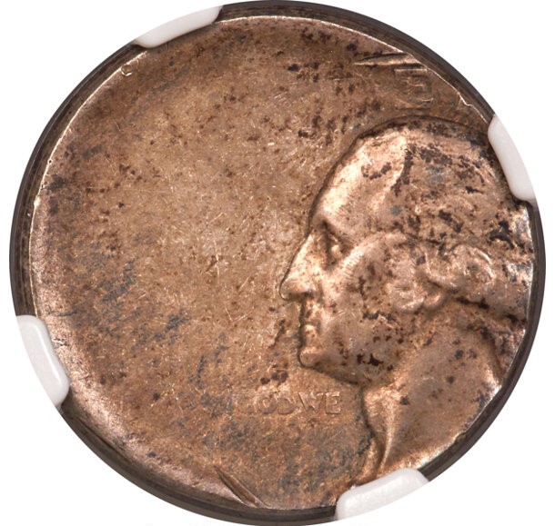 1944 Washington Quarter off-center strike error showing partial design and crescent blank area with date still visible