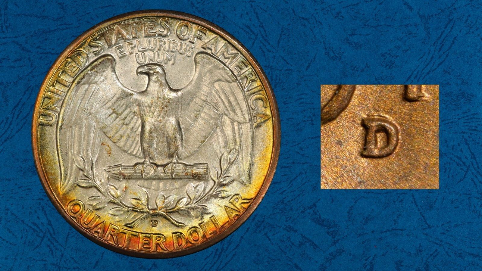 1944-D quarter repunched mint mark close-up showing overlapping D impressions under magnification