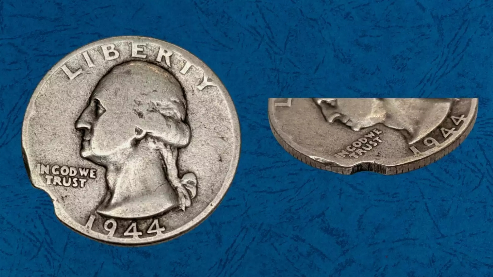 1944 Washington Quarter clipped planchet error showing curved bite missing from the coin edge